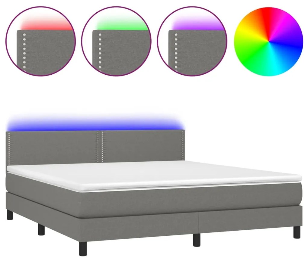 vidaXL Κρεβάτι Boxspring με Στρώμα & LED Σκ.Γκρι 180x200 εκ Υφασμάτινο