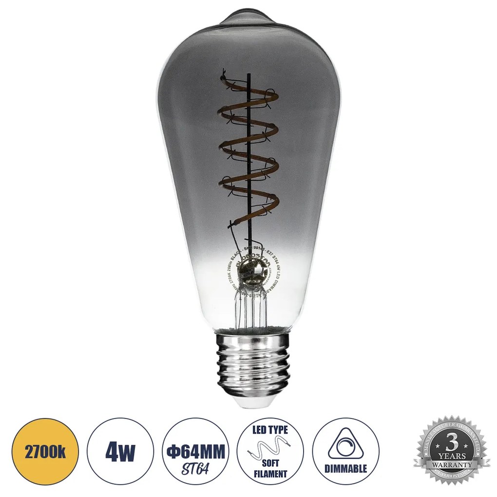 GloboStar 99145 Λάμπα LED Soft S Spiral Filament E27 ST64 Αχλάδι 4W 280lm 360° AC 220-240V IP20 Φ6.4 x Υ14cm Θερμό Λευκό 2700K με Φιμέ Γυαλί Dimmable - 3 Χρόνια Εγγύηση