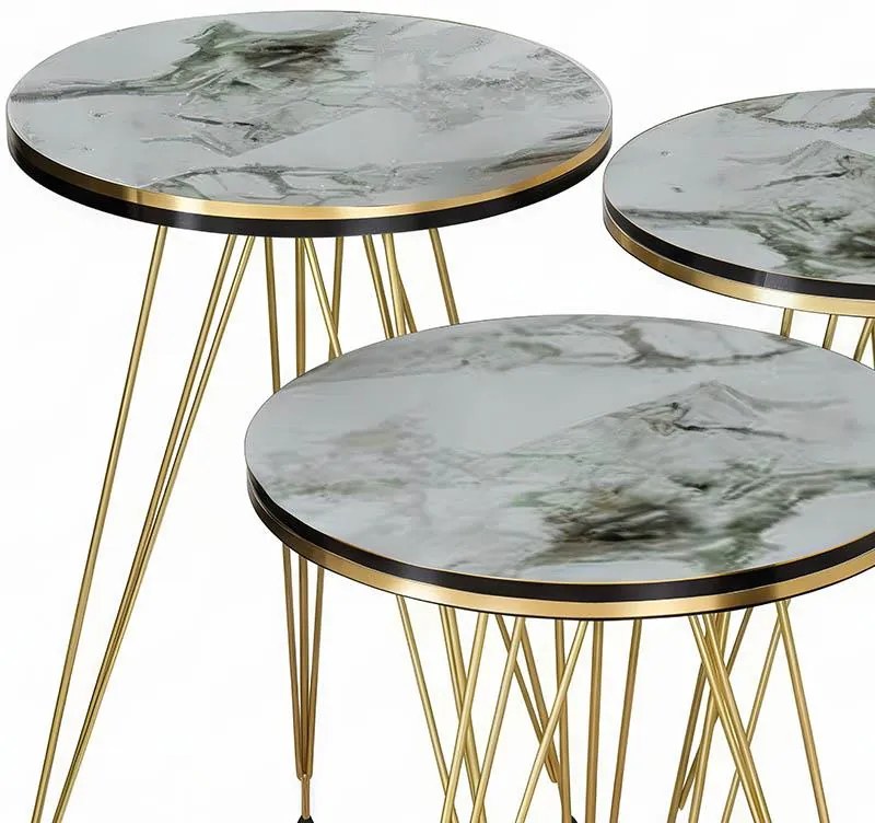 Τραπεζάκια σαλονιού Βοηθητικά Wakmi σετ 3 τεμ. σε λευκό μπεζ μάρμαρο μελαμίνη - χρυσό μέταλλο 33x33x55 εκ.