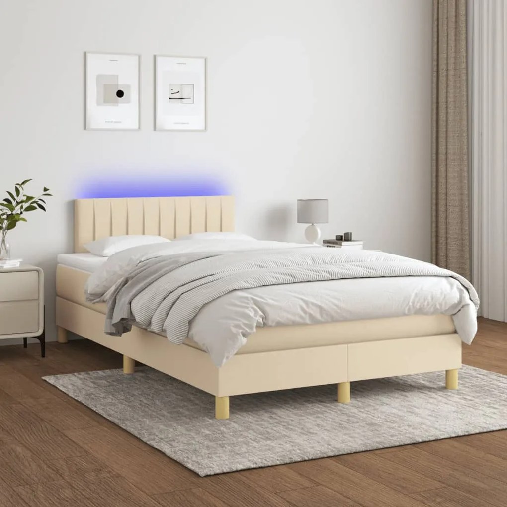 Κρεβάτι Boxspring με Στρώμα &amp; LED Κρεμ 120x190 εκ. Υφασμάτινο - Κρεμ