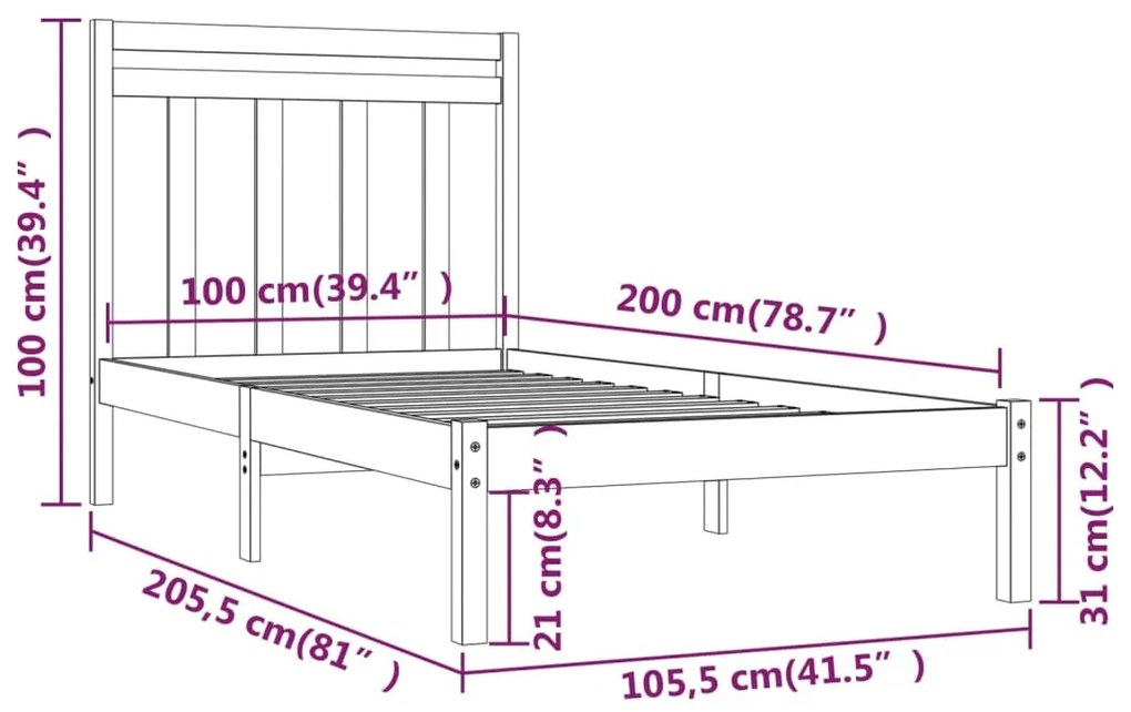 vidaXL Πλαίσιο Κρεβατιού Μαύρο 100 x 200 εκ. από Μασίφ Ξύλο