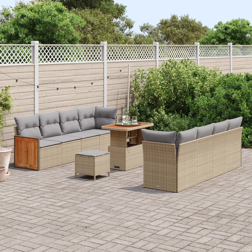 vidaXL Σετ Καναπέ Χα Garten 11 Τεμαχίων με Μαξιλάρια Μπεζ Πολυ Ρατάν Ακακίας
