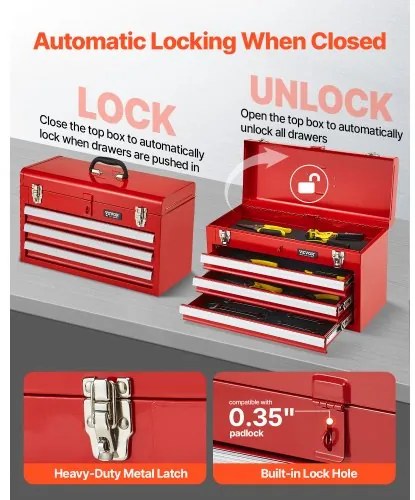 VEVOR Tool Box 20.5-inch Portable Metal Tool Box 3 Drawers Tool Organizer Red