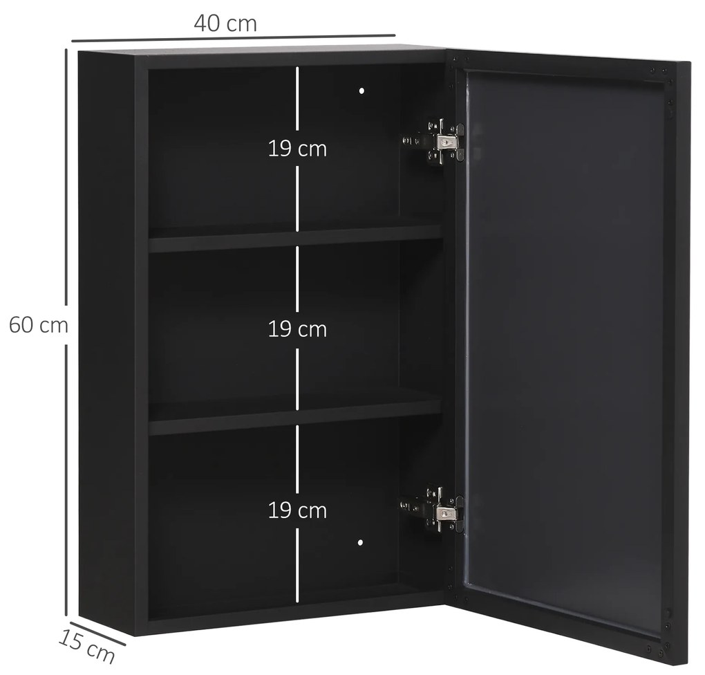 Ντουλάπι καθρέφτης kleankin, 3 ράφια, ήπιοι μεντεσέδες, ατσάλινο περίβλημα, μαύρο, 40 x 15 x 60 εκ.