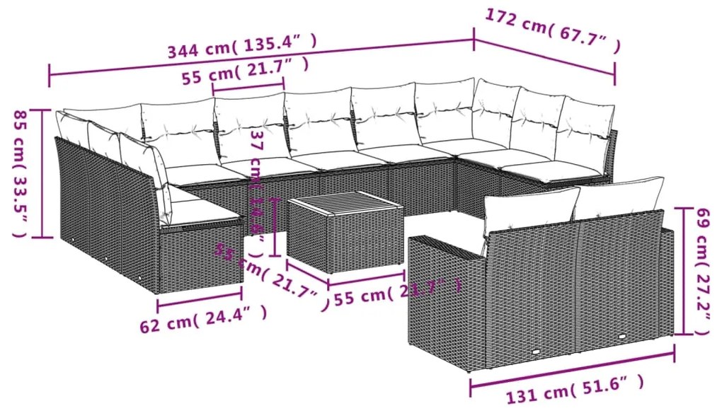 vidaXL Σαλόνι Κήπου 13 Τεμαχίων Γκρι από Συνθετικό Ρατάν με Μαξιλάρια