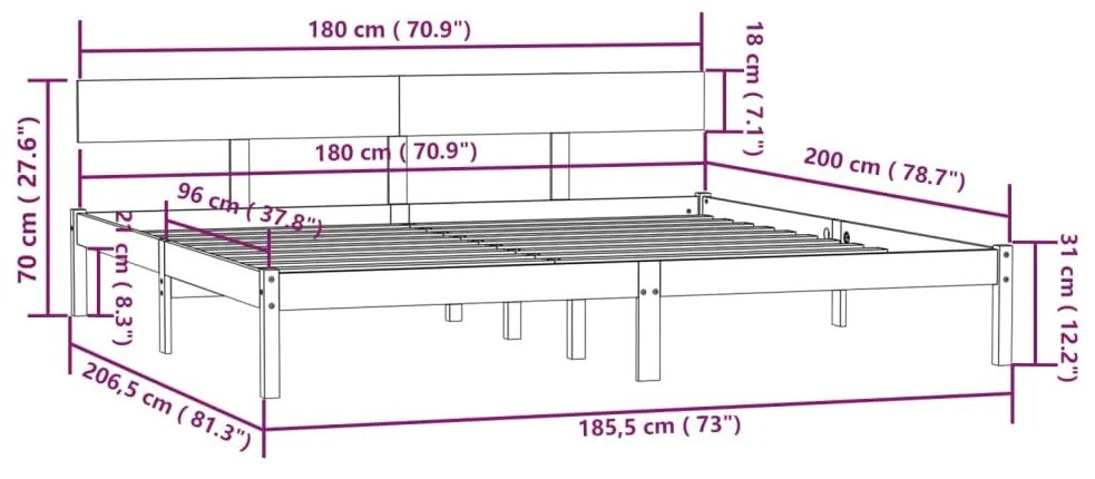 Πλαίσιο Κρεβατιού 180x200 εκ. Μασίφ Ξύλο Πεύκου Super King Size - Καφέ