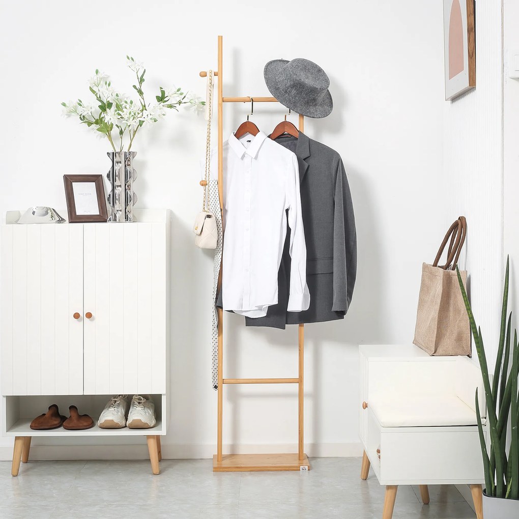 HOMCOM Μοντέρνα κρεμάστρα παλτών, 2 γάντζοι & 3 ράβδοι, ανθεκτικό μπαμπού, 36x24x168 cm, Φυσικό