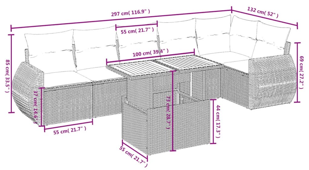 vidaXL Καναπές Σετ 7 Τεμαχίων Μαύρο Συνθετικό Ρατάν με Μαξιλάρια