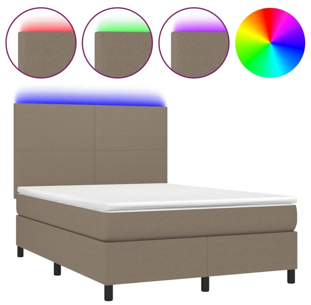 vidaXL Κρεβάτι Boxspring με Στρώμα & LED Taupe 140x200 εκ. Υφασμάτινο