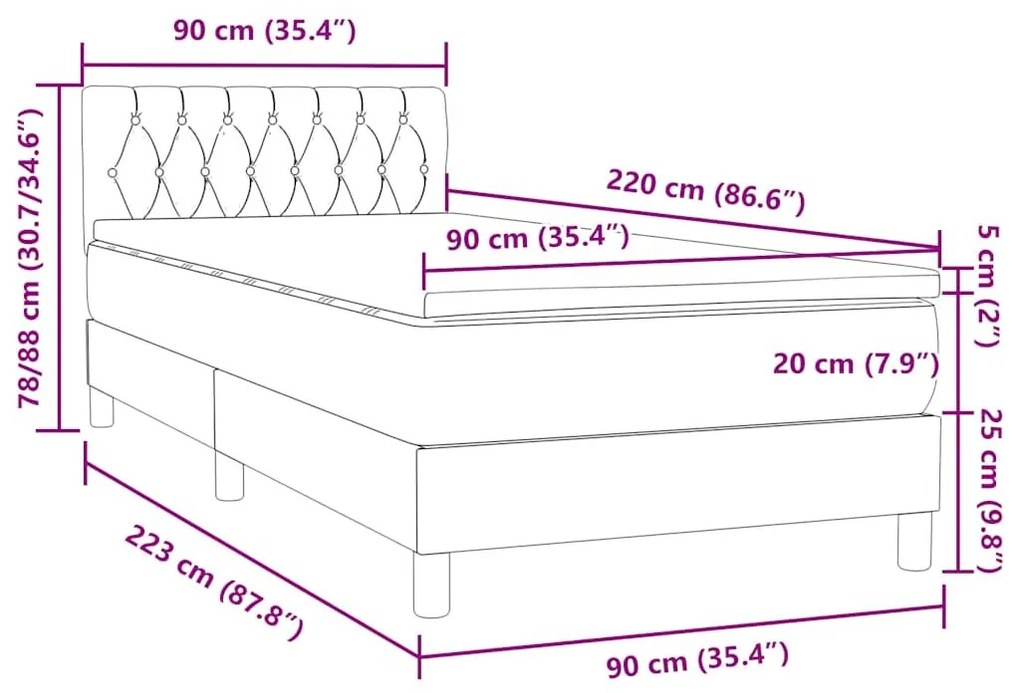 Κρεβάτι Boxspring με Στρώμα Μαύρο 90x220 εκ. Βελούδινο - Μαύρο