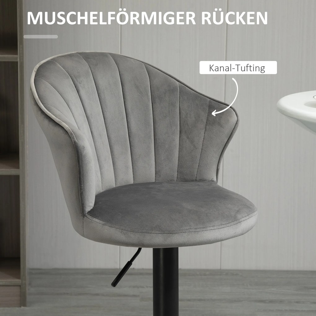 Σετ 2 σκαμπό μπαρ περιστρεφόμενα σκαμπό μπαρ με πλάτη, βελούδινο ύφασμα, ρυθμιζόμενο ύψος, χωρίς μπράτσα, γκρι, 54 x 56 x 91-111 cm