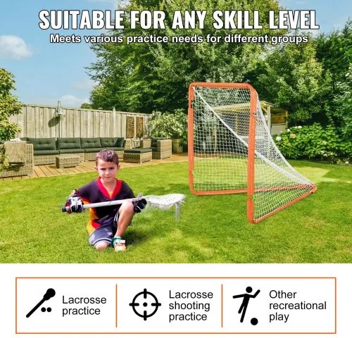 VEVOR Lacrosse Goal, 4' x 4' Small Kids Lacrosse Net, Folding Portable Lacrosse Goal with Carry Bag, Iron Frame Backyard Training Equipment, Quick & Easy Setup, Perfect for Youth Training, Orange