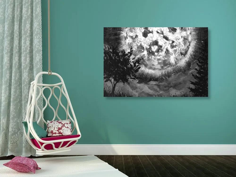 Εικόνα ενός λαμπερού φεγγαριού στον νυχτερινό ουρανό σε ασπρόμαυρο - 120x80