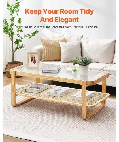VEVOR Rattan Coffee Table Rectangle Rattan Coffee Table 2-Tier for Living Room