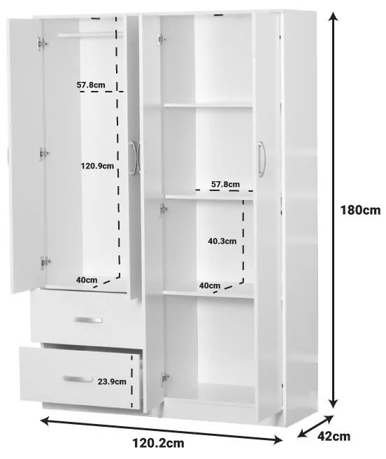Ντουλάπα ρούχων τετράφυλλη Zelia με 2 συρτάρια σε λευκή απόχρωση 120x42x180εκ 120x42x180 εκ.