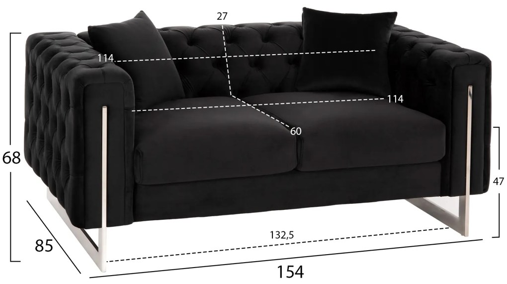 ΚΑΝΑΠΕΣ τ.CHESTERFIELD MOBAR HM3262.04 ΜΑΥΡΟ ΒΕΛΟΥΔΟ-ΜΕΤΑΛΛΙΚΑ ΠΟΔΙΑ 154x85x68Υεκ - HM3262.04