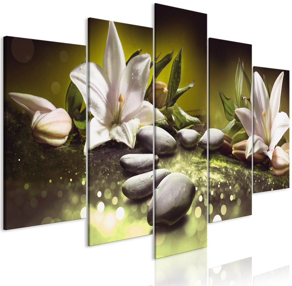 Πίνακας - Lilies and Stones (5 Parts) Wide Green 200x100