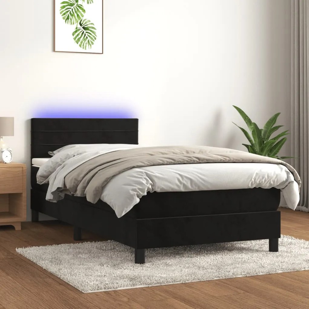 Κρεβάτι Boxspring με Στρώμα &amp; LED Μαύρο 90x200 εκ. Βελούδινο