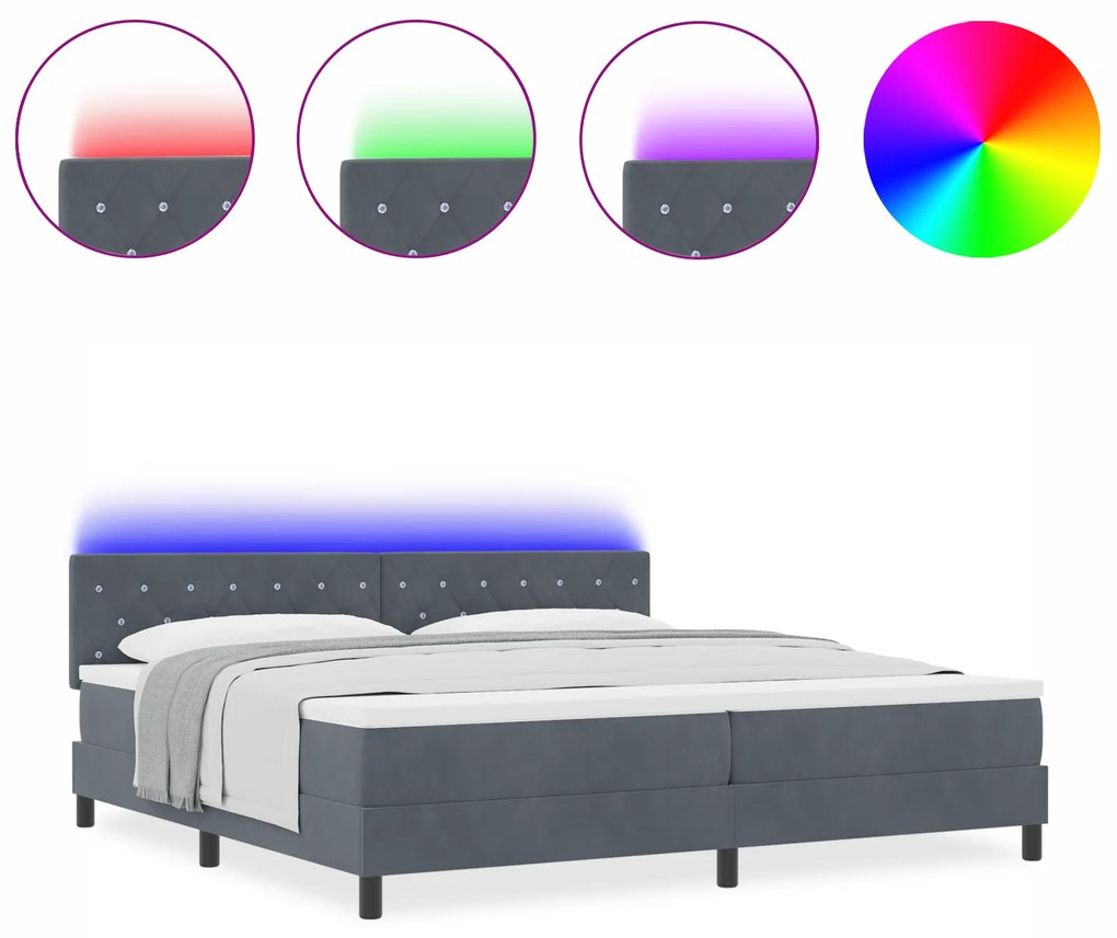 vidaXL κρεβάτι Box Spring με στρώμα & LED Σκούρο Γκρι 200x200 εκ Βελούδο