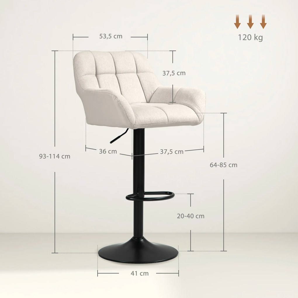 HOMCOM Σκαμπό μπαρ Σετ 2 τεμαχίων Ρετρό σχεδιασμός ρυθμιζόμενο ύψος δερματίνη όψη λινό Κρεμ + Μαύρο