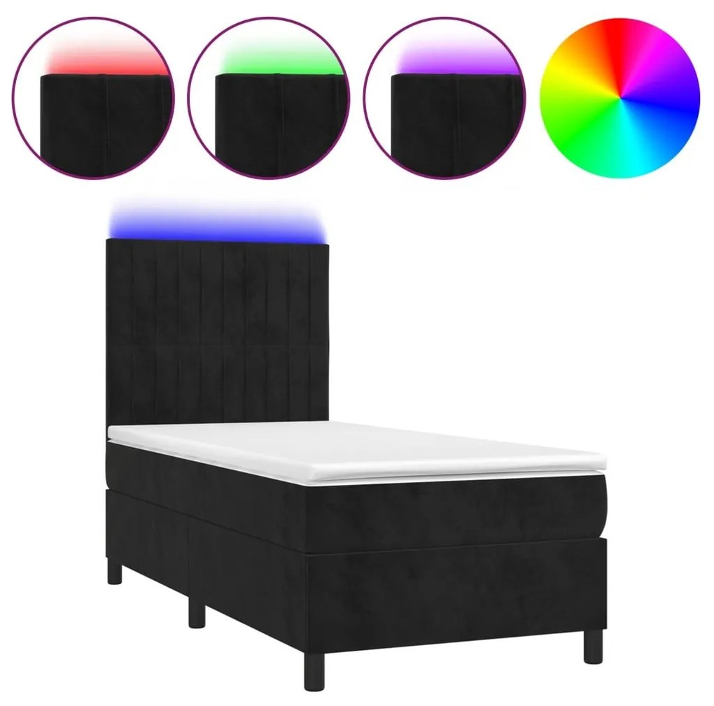 Κρεβάτι Boxspring με Στρώμα &amp; LED Μαύρο 90x190 εκ. Βελούδινο - Μαύρο