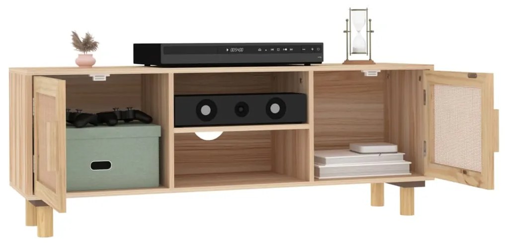 vidaXL Έπιπλο Τηλεόρασης Καφέ 105x30x40 εκ Μασίφ Πεύκο &amp; Φυσικό Ρατάν