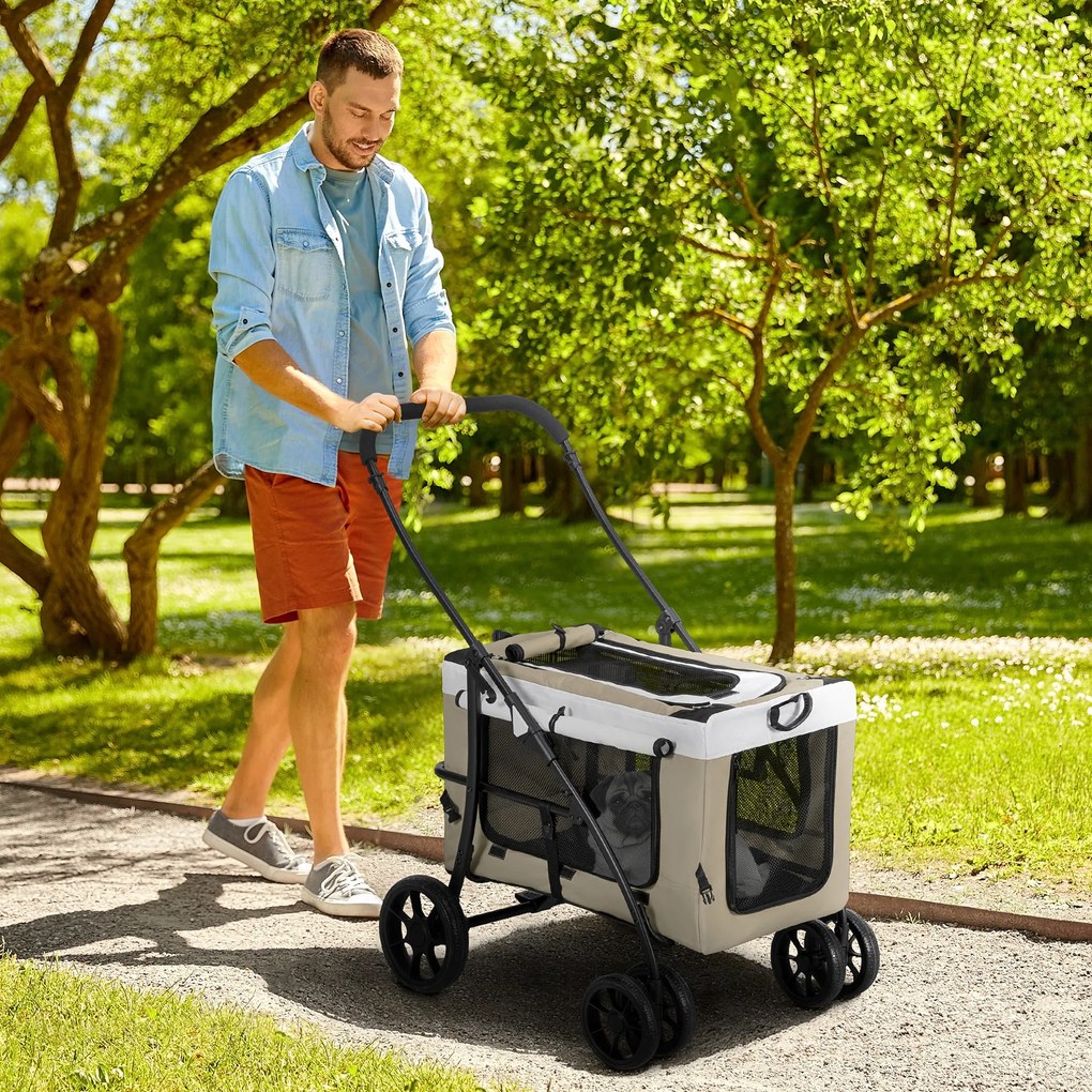 Καρότσι σκύλου PawHut για κατοικίδια, αναδιπλούμενο, αποσπώμενο καλάθι, 81 x 58 x 97,5 cm, μαύρο+χακί+λευκό