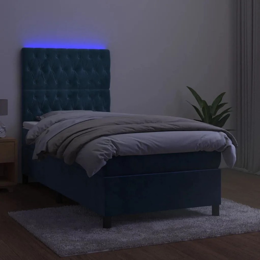 Κρεβάτι Boxspring με Στρώμα &amp; LED Σκ. Μπλε 90x200 εκ. Βελούδινο - Μπλε