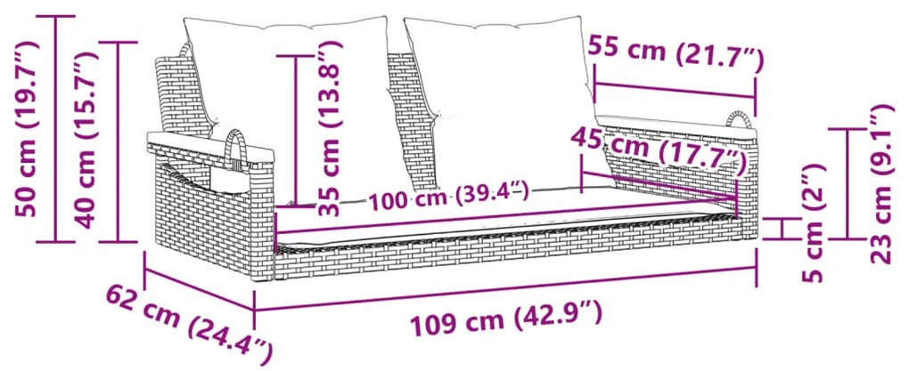 Παγκάκι Κούνια Γκρι 109x62x40 εκ. Συνθετικό Ρατάν με Μαξιλάρια - Μαύρο