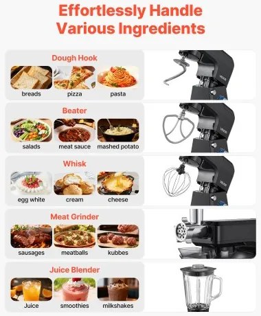 VEVOR Stand Mixer, 7.8 L Electric Kitchen Mixer, 1500W Dough-Mixer, 6+P Speeds Tilt-head Food-Mixer with 1.5 L Blender Cup, Stainless Steel Bowl, Dough Hook, Whisk, Beater, for Baking, Mixing, Black