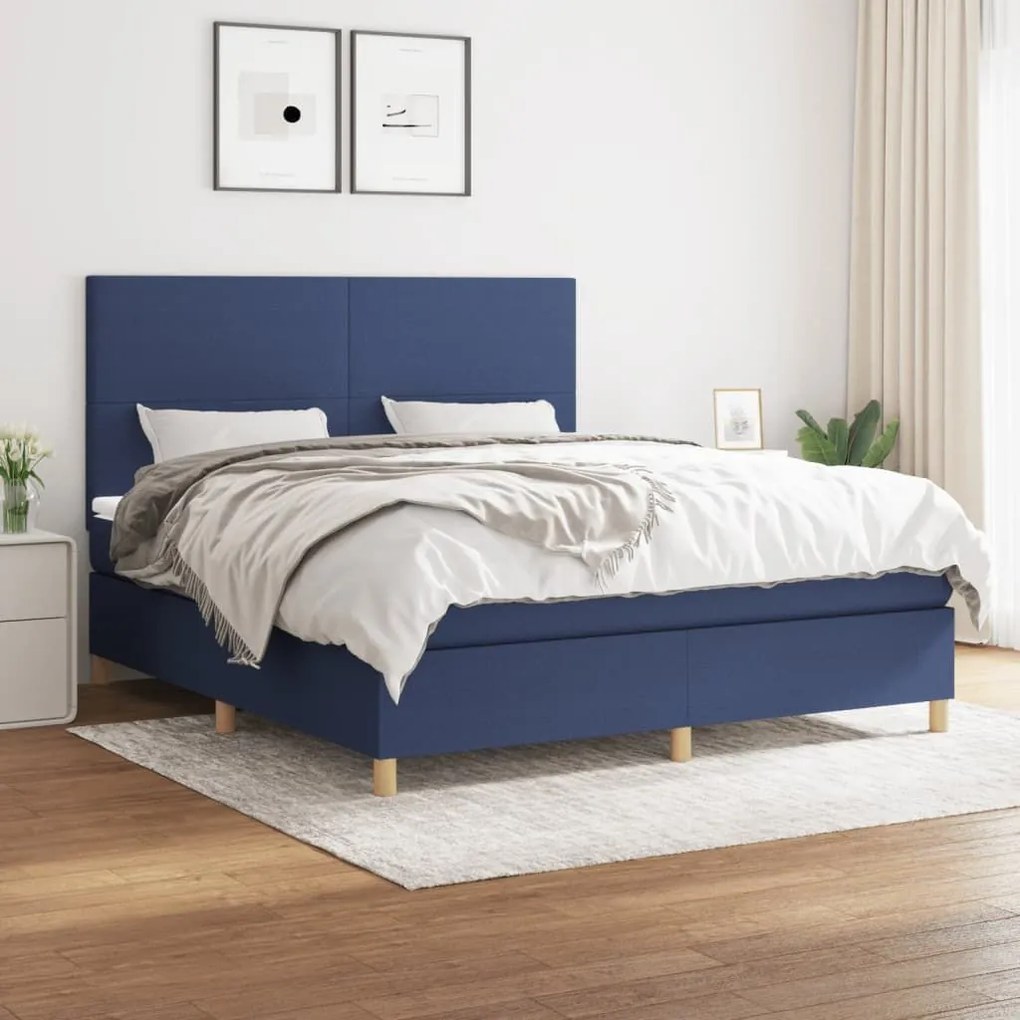 Κρεβάτι Boxspring με Στρώμα Μπλε 160x200 εκ. Υφασμάτινο - Μπλε