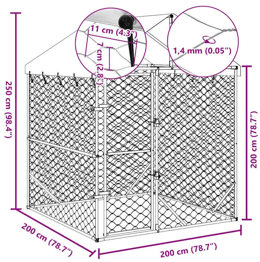 vidaXL Κλουβί Σκύλου Εξ. Χώρου με Οροφή Ασημί 2x2x2,5 μ. Γαλβ. Ατσάλι