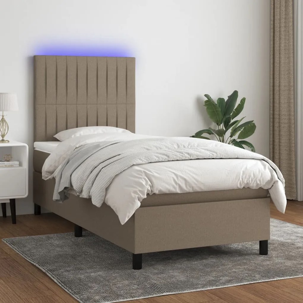 Κρεβάτι Boxspring με Στρώμα &amp; LED Taupe 90x190 εκ. Υφασμάτινο