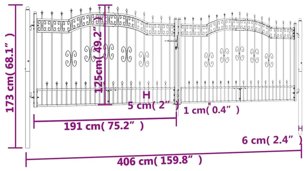 vidaXL Πόρτα Περίφραξης με Κορυφή Δόρυ Μαύρη 406x125 εκ. από Ατσάλι με Ηλεκτροστατική Βαφή