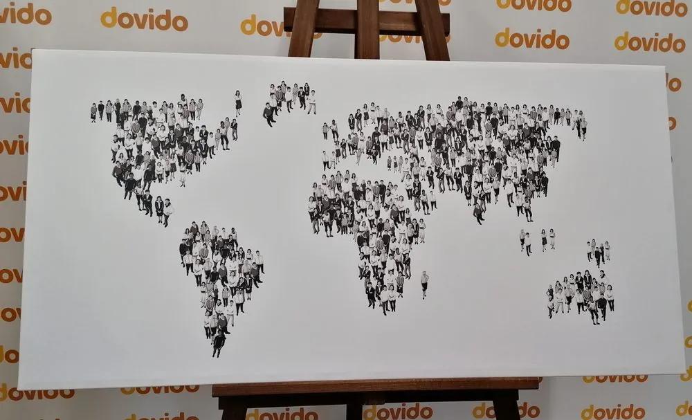 Εικόνα ενός παγκόσμιου χάρτη από φελλό που αποτελείται από άτομα σε μαύρο & άσπρο - 100x50  arrow