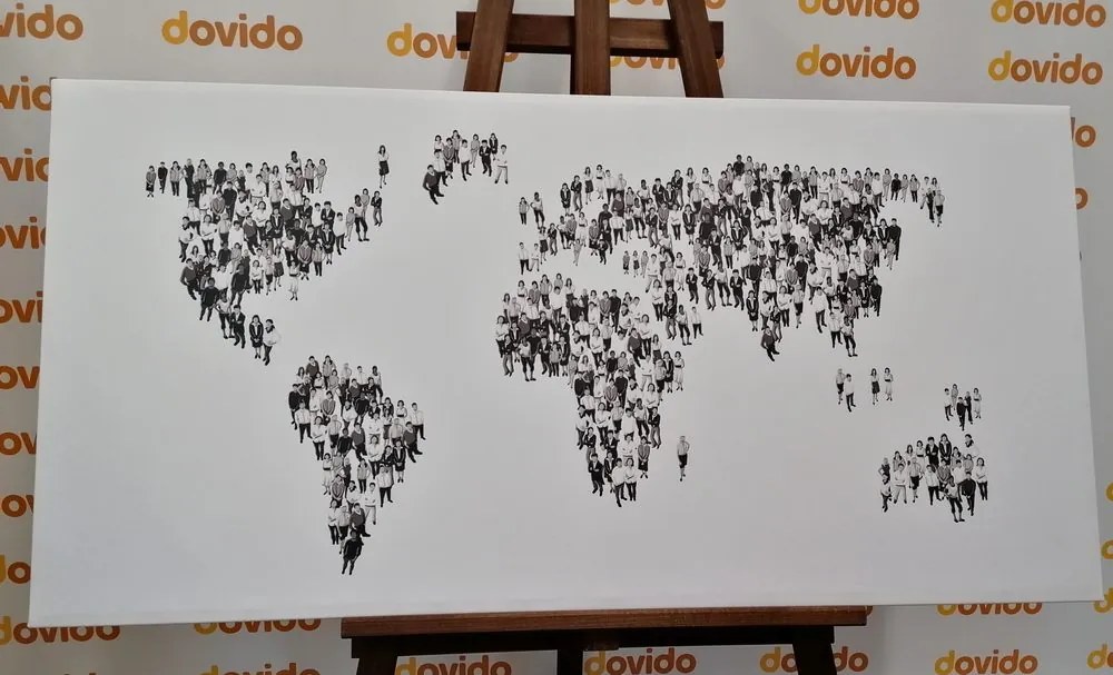 Εικόνα ενός παγκόσμιου χάρτη από φελλό που αποτελείται από άτομα σε μαύρο & άσπρο - 100x50  transparent