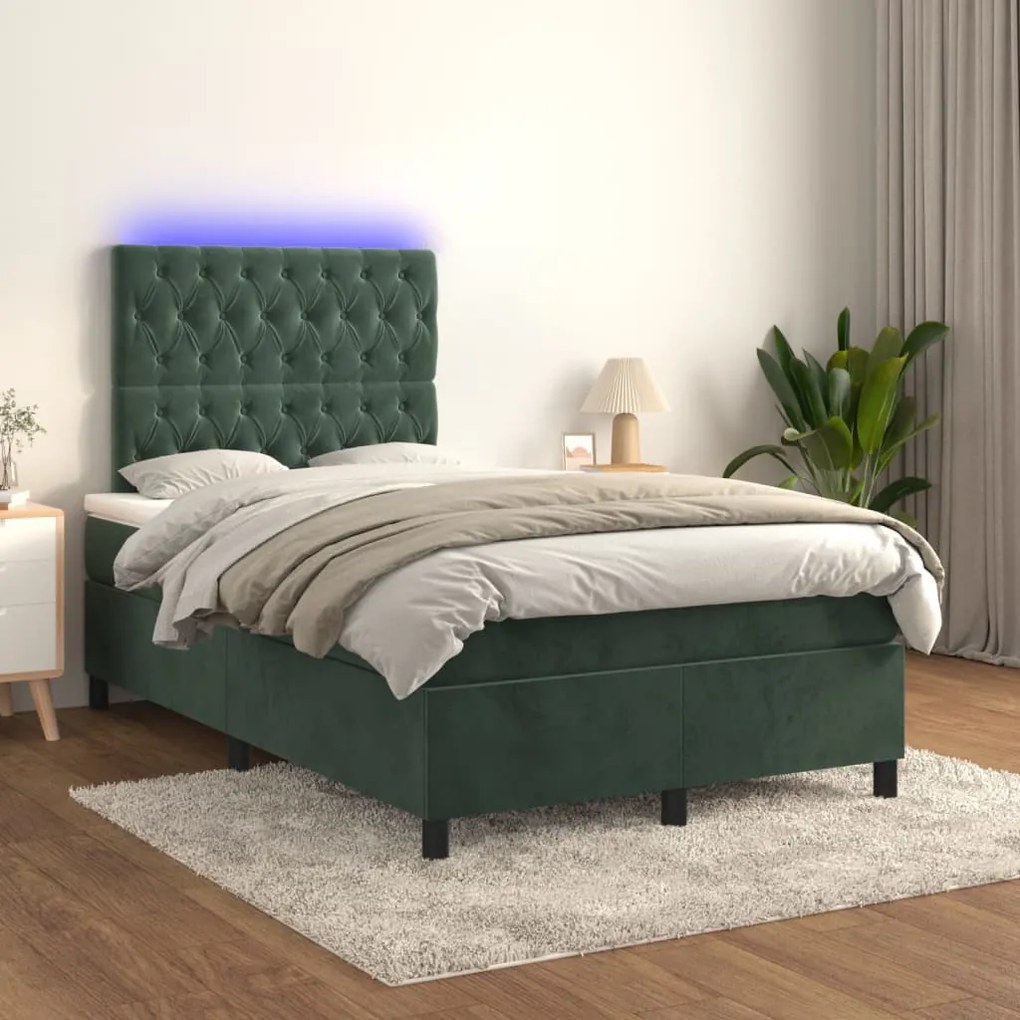 vidaXL Κρεβάτι Boxspring με Στρώμα &amp; LED Σκ. Πράσινο 120x200εκ Βελούδο