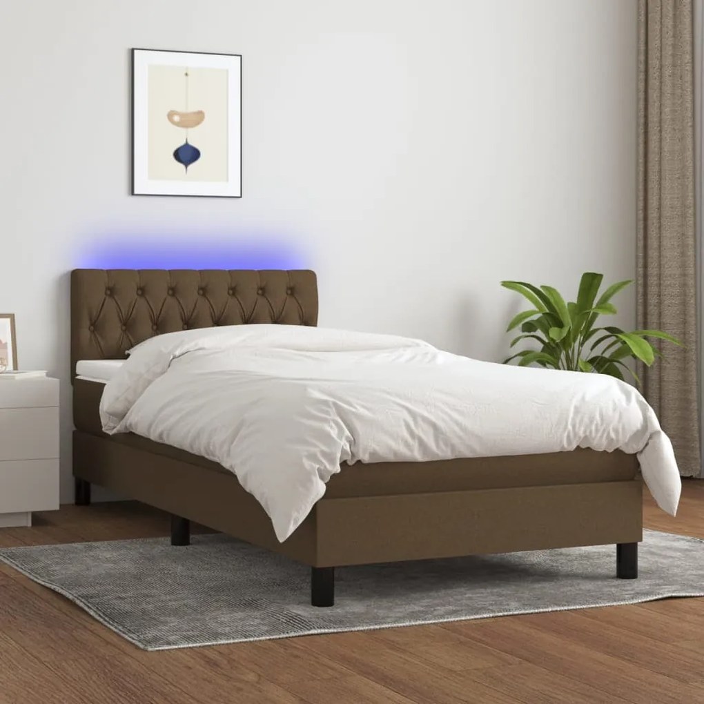 Κρεβάτι Boxspring με Στρώμα &amp; LED Σκ.Καφέ 100x200 εκ Υφασμάτινο - Καφέ