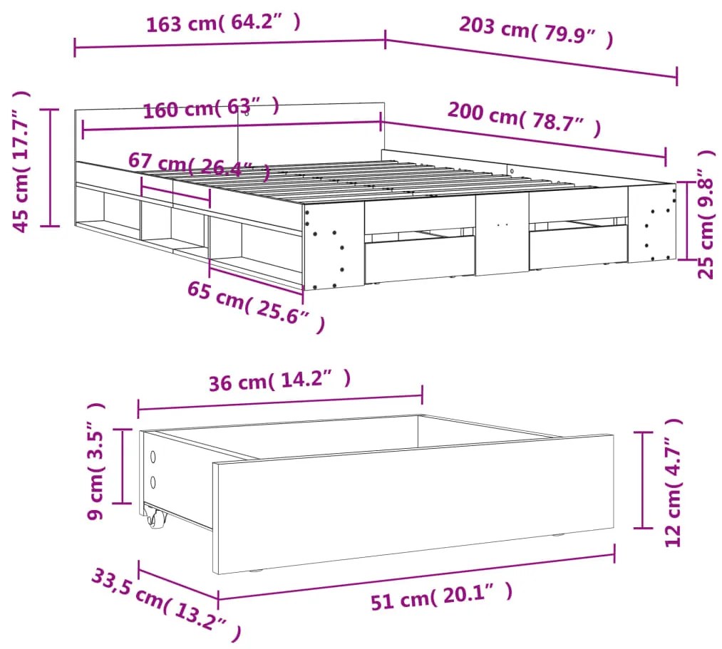 Πλαίσιο Κρεβατιού με συρτάρια Καφέ δρυς 160x200 εκ. Επεξ. Ξύλο - Καφέ