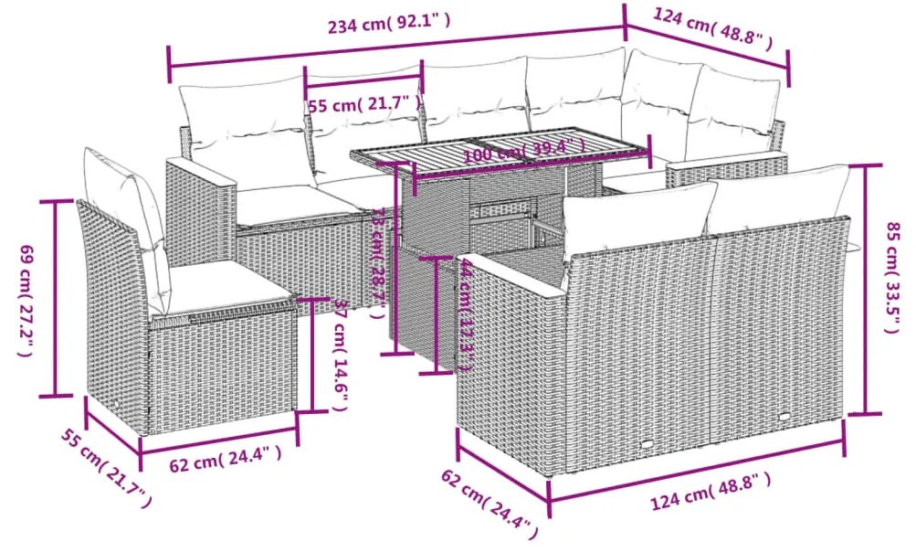 vidaXL Σαλόνι Κήπου Σετ 9 τεμ. Μπεζ Συνθετικό Ρατάν με Μαξιλάρια