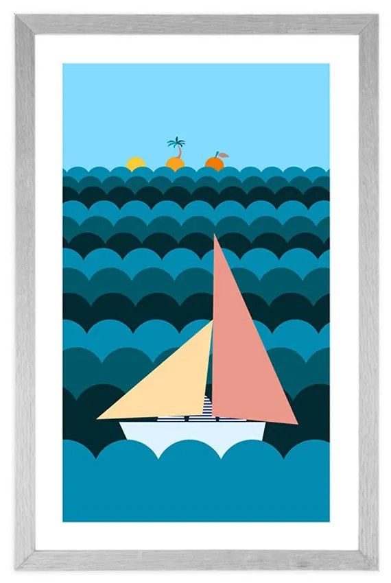 Αφίσα με παρπαστού Βαρκα στη θάλασσα - 30x45 silver