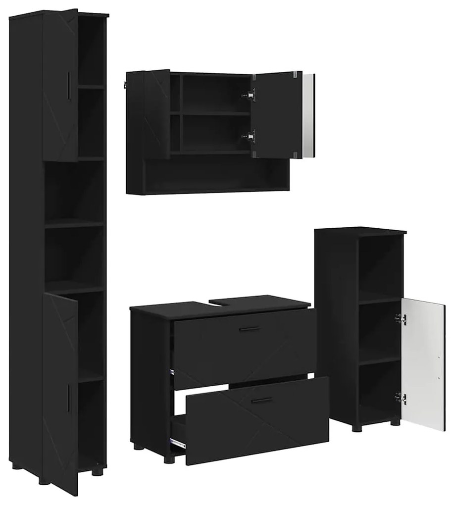 vidaXL Σετ Επίπλων Μπάνιου με συρτάρι με ράφι Επιτοίχιο 4 pcs Μαύρο