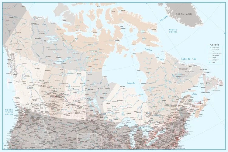 Χάρτης Detailed map of Canada with roads in blue and neutrals, Blursbyai
