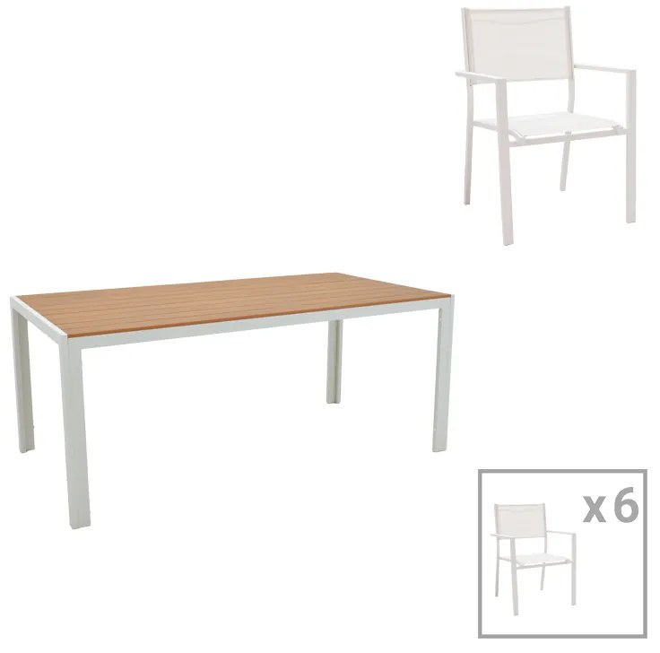 Τραπεζαρία Zacreta-Nares σετ 7τεμ pakoworld λευκό αλουμίνιο και plywood σε φυσικό χρώμα 180x90x72.5εκ