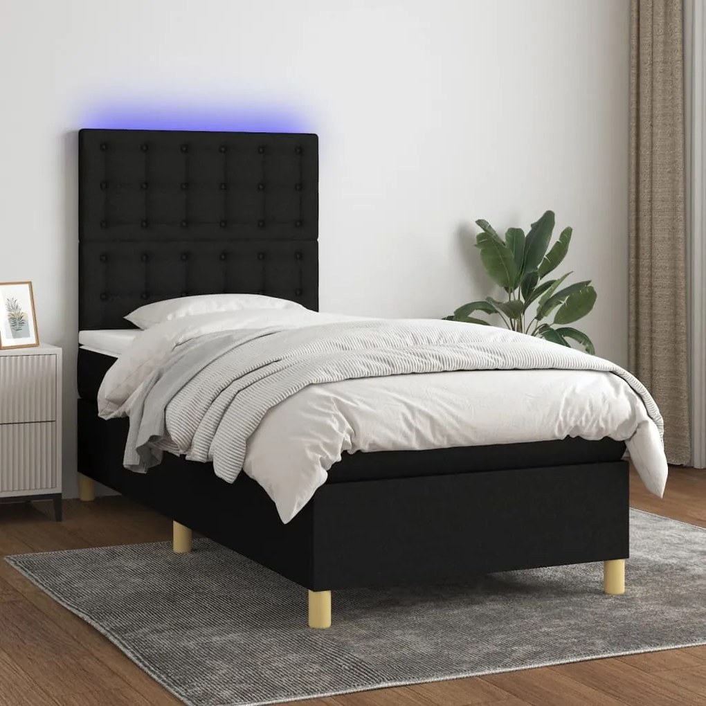 vidaXL Κρεβάτι Boxspring με Στρώμα &amp; LED Μαύρο 90x200 εκ. Υφασμάτινο