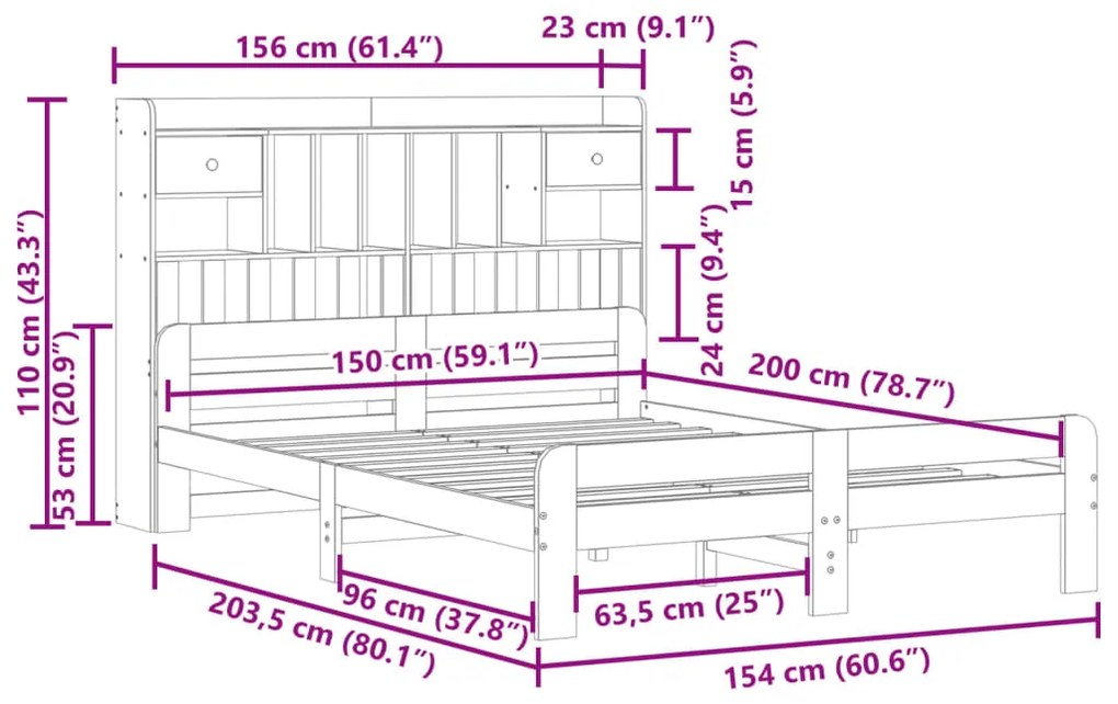 Κρεβάτι Βιβλιοθήκη Χωρίς Στρώμα 150x200 εκ Μασίφ Ξύλο Πεύκου - Καφέ
