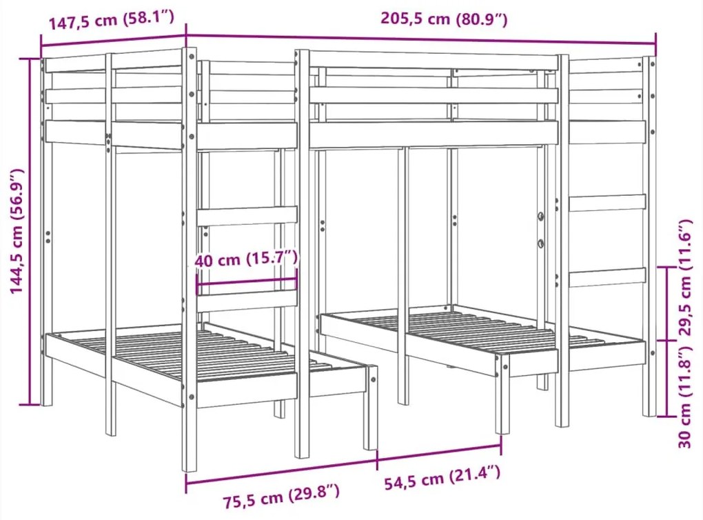 Σκελετός Τριπλής Κουκέτας Καφέ 140x200/70x140 εκ. Μασίφ Πεύκο - Καφέ