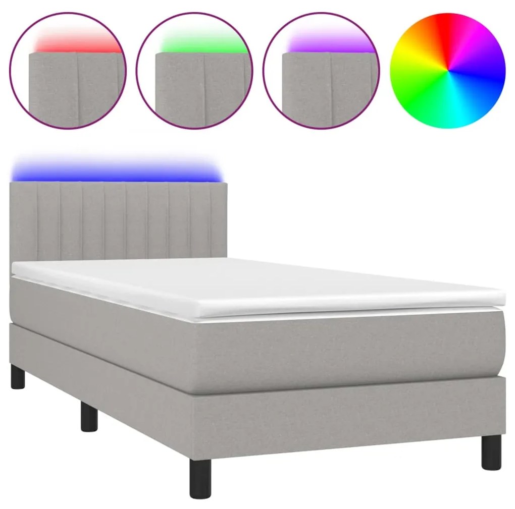 vidaXL Κρεβάτι Boxspring με Στρώμα & LED Αν.Γκρι 90x190 εκ. Υφασμάτινο