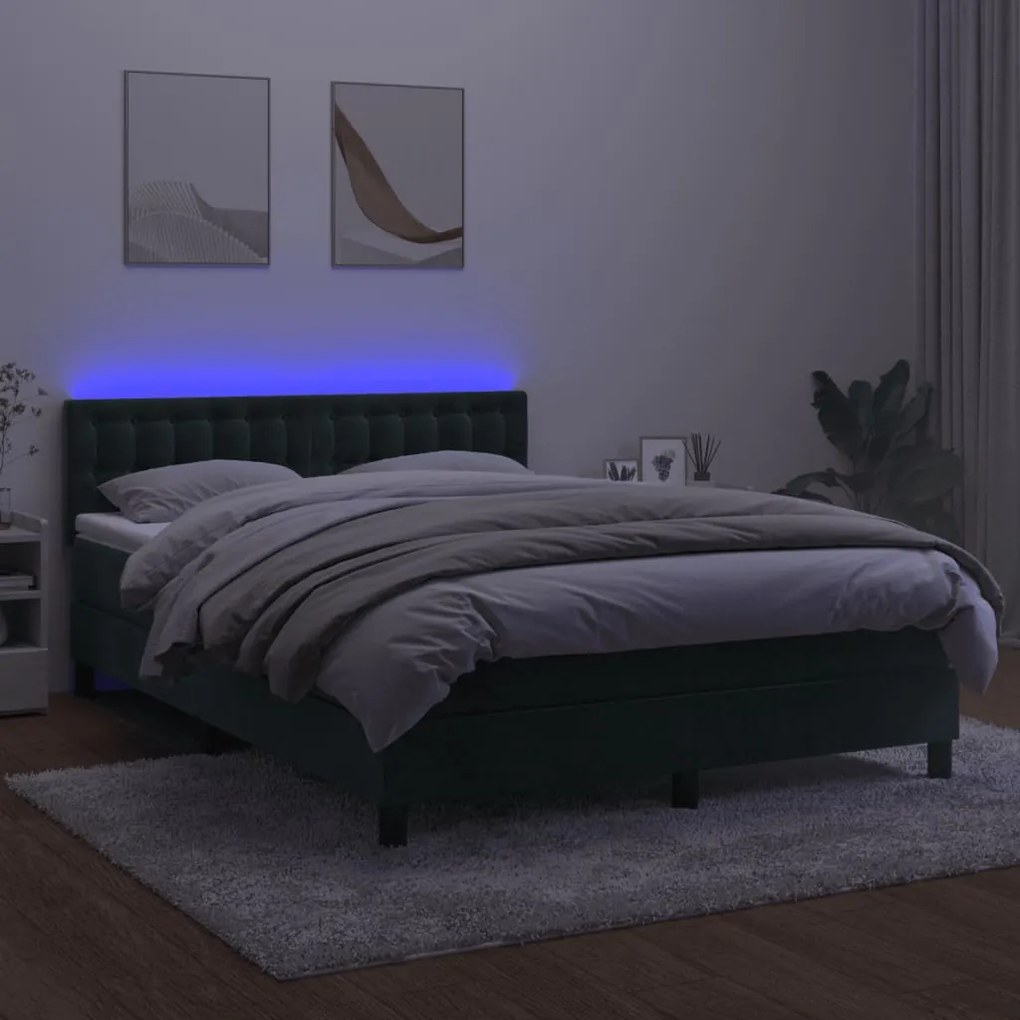 Κρεβάτι Boxspring με Στρώμα &amp; LED Σκ. Πράσινο 140x200εκ Βελούδο - Πράσινο