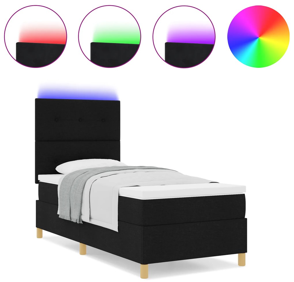 vidaXL Κρεβάτι με Στρώμα & LED Μαύρο 90x190 εκ Υφασμάτινο